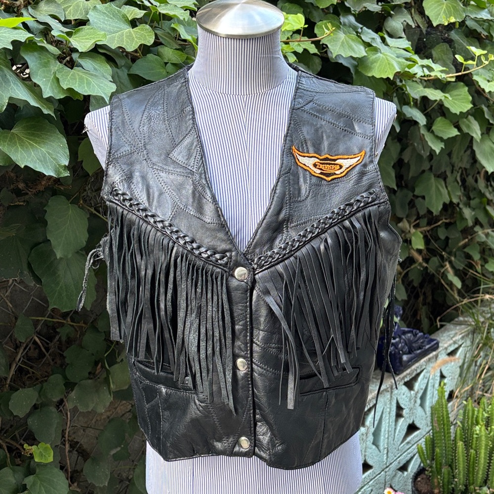 Navarre Leather Black Leather Fringe Vest with Embroidered Triumph Patches